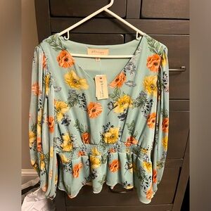 Philosophy Long Sleeve Floral Top, Blue and Pink Florals